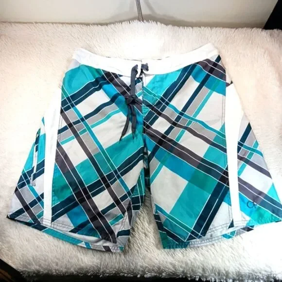OP Blue and White Geometric Board Shorts Lined. Mens Large 36/38 NWOT - Picture 1 of 9